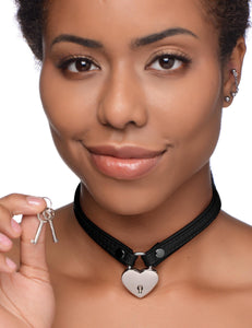 Heart Lock Leather Choker with Lock and Key -