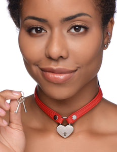 Heart Lock Leather Choker with Lock and Key -