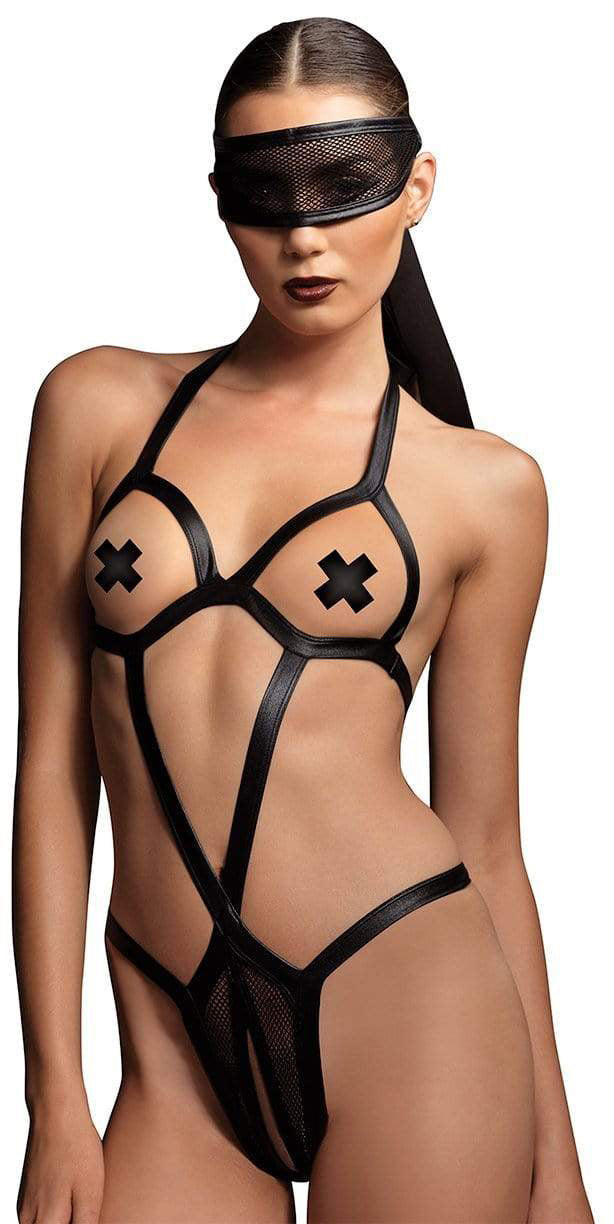 2 Piece Wet Look Bondage Crotchless Teddy and Eye Mask