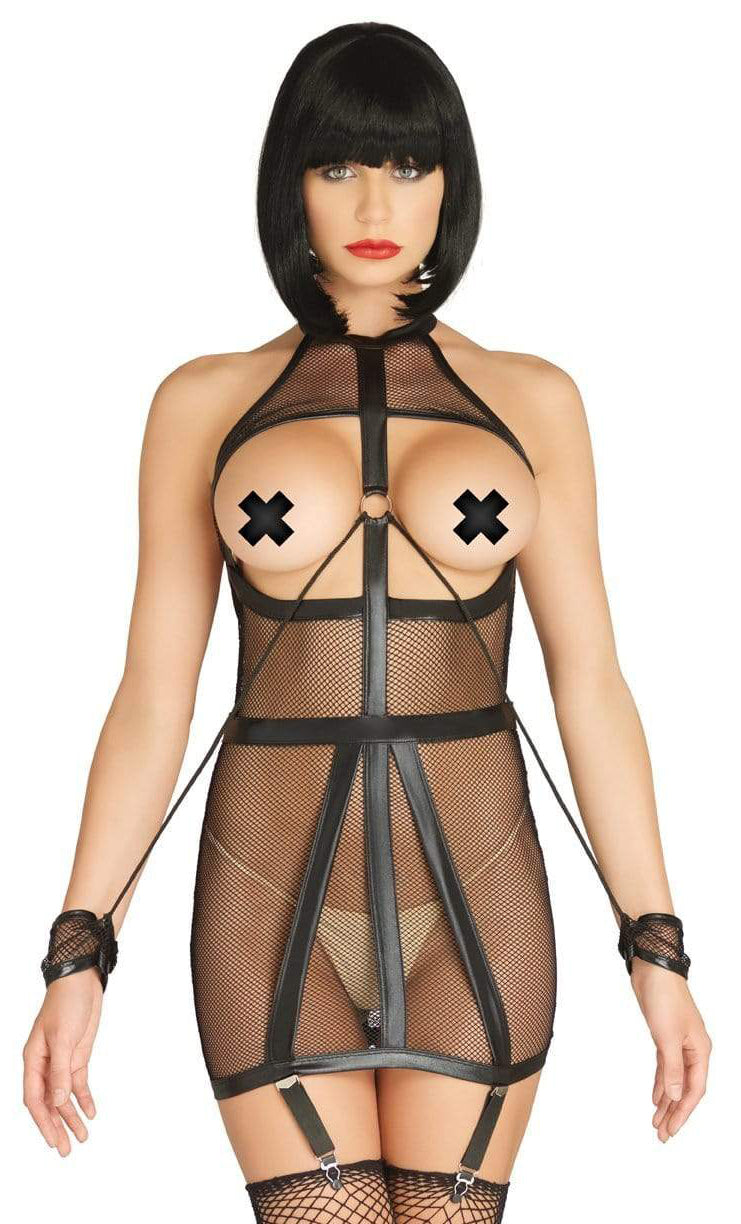 Wet Look Fishnet Bondage Garter Dress with Restraint Cuffs